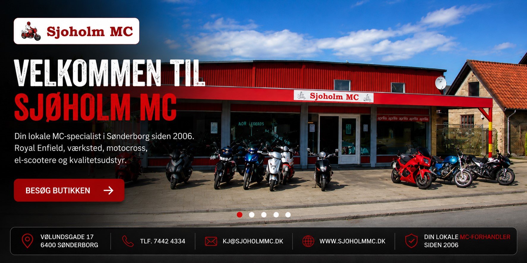 Sj�holm MC butik i S�nderborg med motorcykler, v�rksted, reservedele og udstyr.