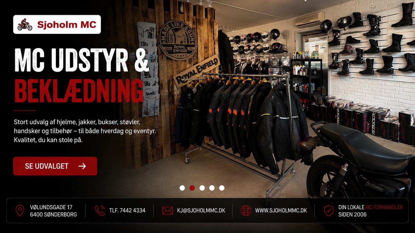MC-bekl�dning, hjelme, st�vler og tilbeh�r i butikken hos Sj�holm MC i S�nderborg.