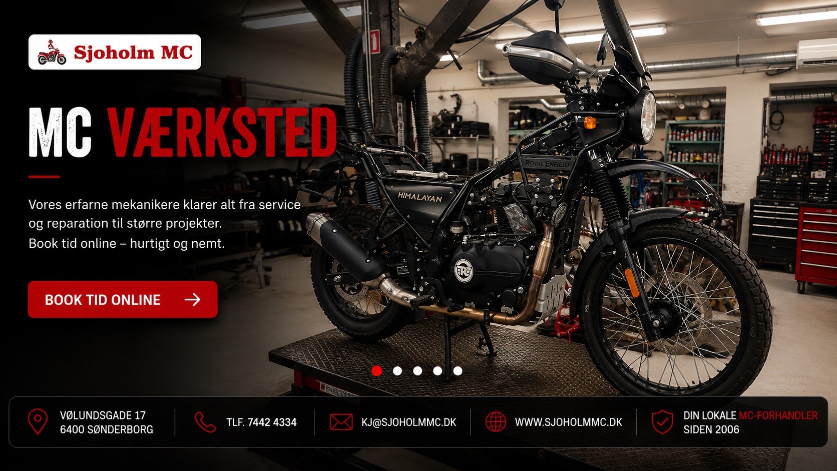 MC-v�rksted hos Sj�holm MC i S�nderborg. Service, reparation, d�kservice og eftersyn af motorcykler, motocross, scootere og kabinescootere.